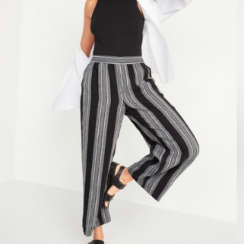 Old Navy High Waisted Striped Linen Blend Wide Leg Pants - Black/White